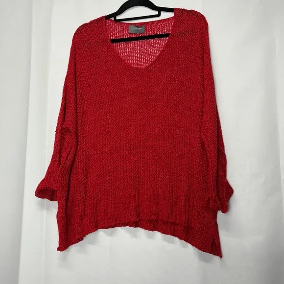Red Knit Sweater Oversized V Neck Long Sleeve Pullover Comfy Casual Top‎ - Picture 2 of 4